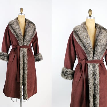 70s Forecaster Burgundy Cozy Faux Fur Coat / Wraped Coat / Belted Coat/ 1970s / size S/M 