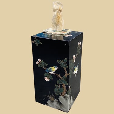 Vintage Pedestal Retro 1980s Contemporary + Asian + Wood Frame + Black Lacquer + Bird and Flower Design + Plant or Statue Stand + Furniture 