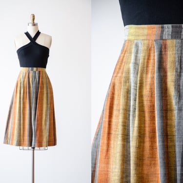 striped skirt | 60s 70s vintage yellow orange gray earth tone academia cottagecore cotton linen knee length skirt 