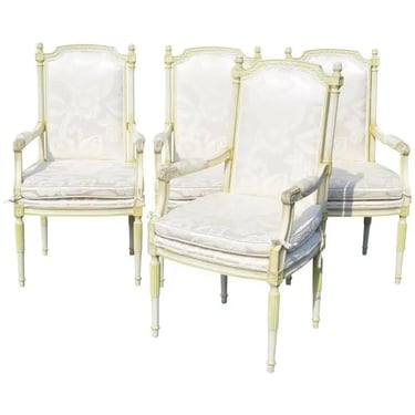 Nice Set 4  French Tall Louis XVI Style Distressed Cream Painted Dining Chairs