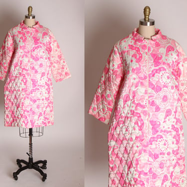 1960s Pink and White Quilted Mod Floral Flower Power Print House Coat Robe -XL 