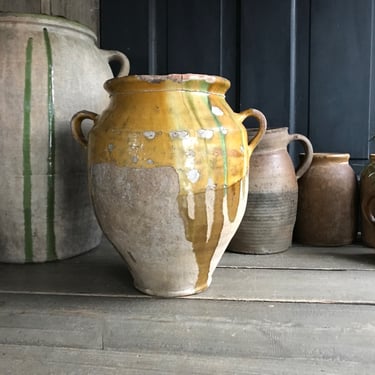 French Confit Jar, 19th C Terra Cotta Pot, Olive Jar, Ochre Green Glaze Pottery, French Farmhouse 