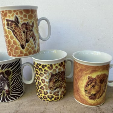 Vintage Limoges Wild Animal Mugs, Safari Animals, Coffee Mugs Set Of 4, Zebra, Giraffe, Leopard And Lion, Africa, Godinger 