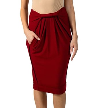 2000S Donna Karan Red Rayon  Wool Skirt With Twisted Waist Detail 