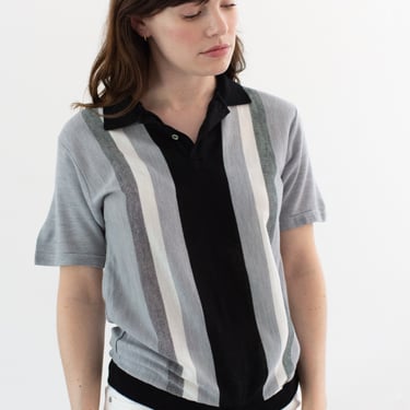 Vintage Grey Black White Stripe Polo T-Shirt | Unisex Penney's Towncraft Tennis Athletic Henley | S | 