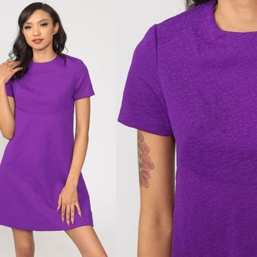 60s Mini Dress Mod Royal Purple Textured Space Age Dress Retro 60s Shift Vintage Gogo Twiggy Empire Waist Minidress Extra Small xs 