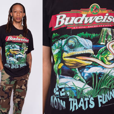 90s Budweiser Frogs T Shirt - Men's Large to XL | Vintage Anheuser-Busch Black Beer Graphic Tee 
