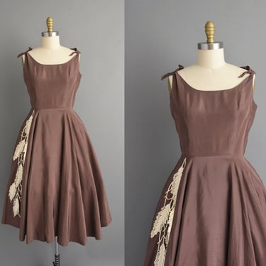 vintage 1950s dress | Gorgeous Brown Sweeping Full Skirt Cocktail Party Dress | Small Medium | 50s dress 