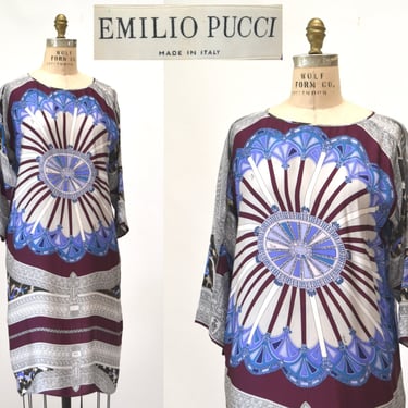 Vintage Pucci Silk Dress Silk Scarf Print Emilio Pucci Made In Italy Black Blue purple Scarf Print Silk Dress Small Medium Blue Scarf Print 