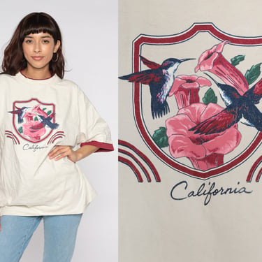 California Hummingbird T Shirt 90s Shirt Bird Shirt Floral Tshirt Vintage Retro T Shirt Cuffed Tee 1990s Graphic Cream 2xl xxl 