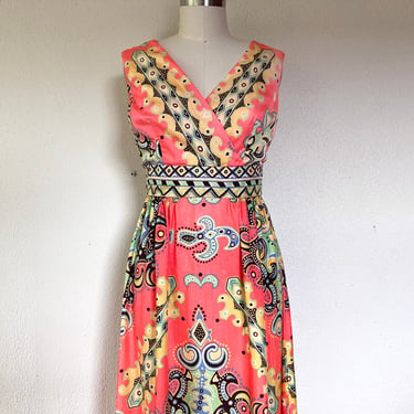 1960s Bold coral pink maxi dress 