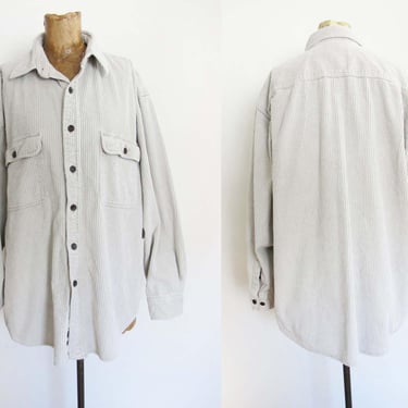 Vintage 90s Corduroy Button Up L  - 1990s Light Gray Chunky Wild Wale Collared Cord Shirt - Baggy 