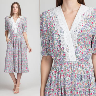 80s Floral Lace Collar Puff Sleeve Dress - Medium | Vintage Boho Fitted Waist V Neck Pocket Midi 