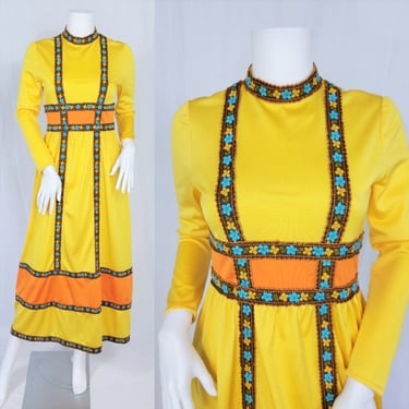 Color Blocked 1970's Yellow Orange Daisy Trim Long Poly Maxi Dress I Sz Sm I Cottagecore 