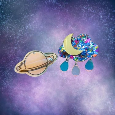 Celestial Acrylic Hair Clip - Holographic Planet Saturn Barrette - Rainbow Confetti Cosmic Moon & Cloud Clip 