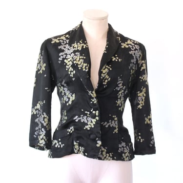 SALE - 1940s Silk Satin Brocade Floral Chinese Jacket - 40s Vintage Shawl Collar Fitted Blazer - Small 