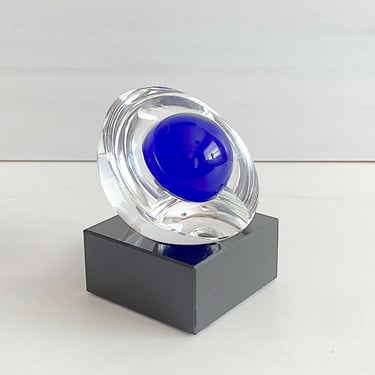Vintage Post Modern Art Glass Sculpture Clear, Cobalt Blue and Black Half Sphere with Ball and Base Modernist Design 