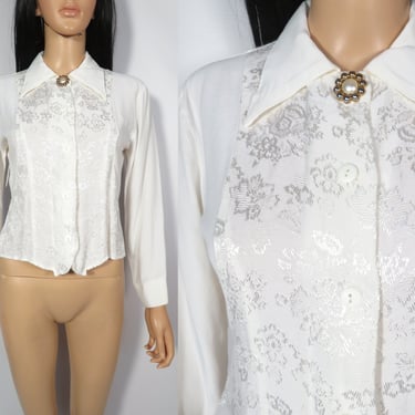 Vintage 90s Neo Victorian White Cropped Brocade Panel Blouse Made In USA Size M 