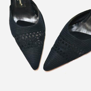 Vintage 2000s y2k Black Crochet High Heel Slides Pointed Toe 8.5 8 1/2 Etienne Aigner // Vintage Black High Heels Pump Pointed Toe Mules 