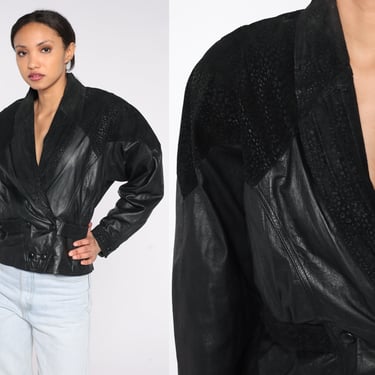 80s Black Leather Jacket Cropped Motorcycle Jacket Biker Double Breasted Snap Up Moto Punk Rock Faux Snakeskin Vintage 1980s Small Medium 