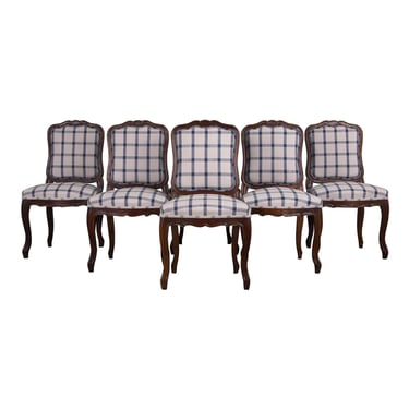 Antique French Louis XV Style Oak Dining Chairs W/ Plaid Fabric - Set of 6 