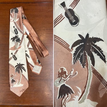 Vintage 1940’s Hawaiian Tropical Ukulele Hula dance Rockabilly Neck Tie, Hawaiian, Palm Tree, Ukulele, Vintage Shirt, 1940’s Tie, Swing Tie 