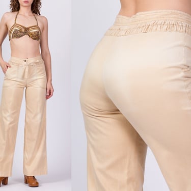 70s Sun-Faded Khaki Trousers - Small, 27.5" | Vintage High Waist Boho Flared Leg Pants 