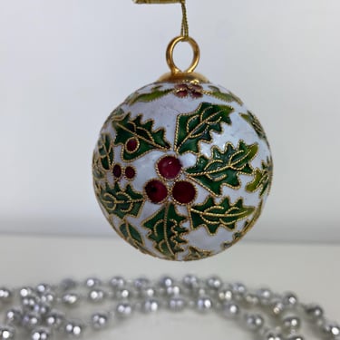 Vintage Cloisonne Enamel Christmas Ball Ornament, Holly and Berry on White Metal Enamel Hand made ornament, Intricate designed old ornament 