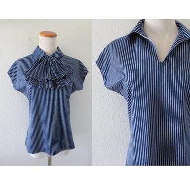 Vintage Women's Striped Blouse - Mod 60s Navy Blue & White Stripes Top - 1960s Mod Secretary Office - Size Small 