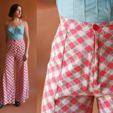 Vintage 70s Betsey Johnson ALLEY CAT Checked Wide Leg Pants/ 1970s High Waisted Cotton Bell Bottoms/ Size Small 27 
