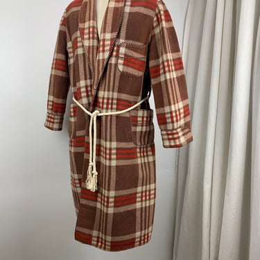 1930's-40's BEACON Blanket Robe - Brown & Red Cotton Flannel Plaid - with Braided Sash Cord - Size Medium to Large 