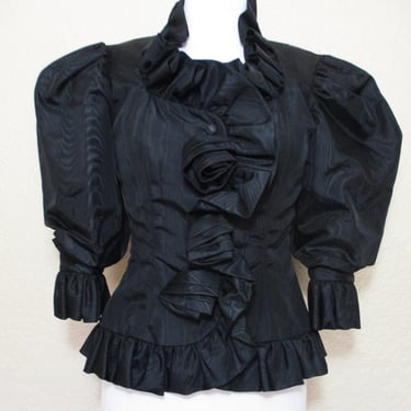 Ruffle Jacket, Vintage 1980s Victor Costa Evening Jacket, Black Watermark Taffeta, Fitted, XS Women 