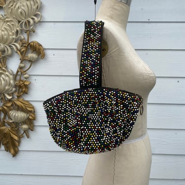 1940s candy dot handbag, vintage rainbow purse, caviar beaded by Lumured, 40s wristlet, half circle, film noir style, rockabilly bag, beads 