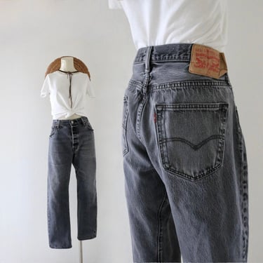worrrn levi's 501 button fly jeans - 34 - vintage 90s y2k black gray unisex Levi jean casual 