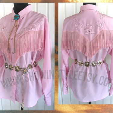 Vintage Retro Women's Cowgirl Western Fringe Shirt by Daniali, Embroidered Flowers with Rhinestones, Approx. Size XXLarge (see meas. photo) 