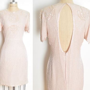 vintage 80s dress pink silk sequin beaded cutout flapper prom party cocktail M clothing 