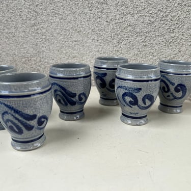 Vintage set 6 shot cups stoneware pottery blue grey 