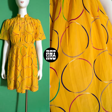 Unique Vintage Style Yellow Pleated Dress with Colorful Circle Print 