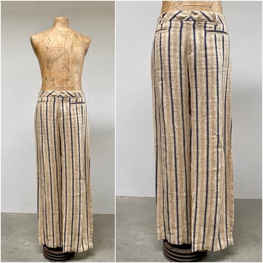 Vintage 1990s Men's Striped Linen Pants by Agnes B. Homme, Wide Leg Relaxed Fit Trousers, 38 Inch Waist 