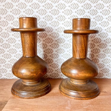 Pair of Vintage Wooden Candle Holders.  Mid Century Candlesticks. 