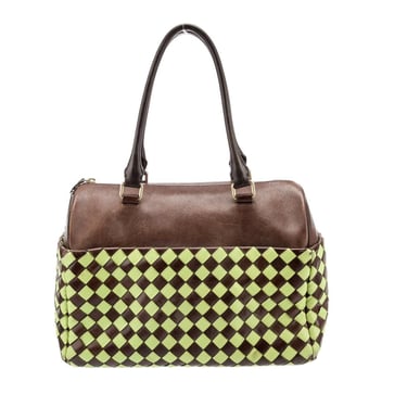 Vintage MOSCHINO Brown and Green Bowler Bag with Weave Design 