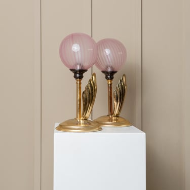 2 Vintage Table Lamps - Filigrana Murano Glass Balls from 1960s Italy - Pink Swirl, Floral Light Hollywood Regency Style, Gift Idea 