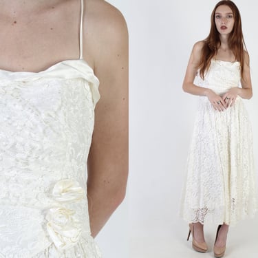 Vintage 80s White Floral Lace Wedding Dress, Bridal Gown Full Skirt Party Maxi Dress 