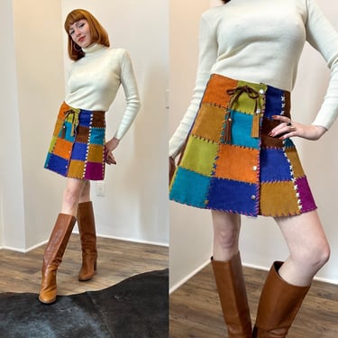 Vintage 1970s Skirt / 70s Suede Patchwork Mini Skirt / Blue Orange Green ( small S ) 