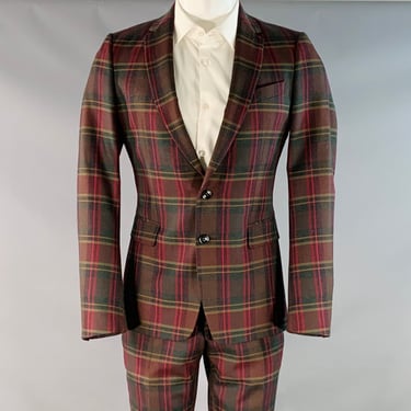 DRIES VAN NOTEN Size 36 Red Green Plaid Wool Notch Lapel Suit