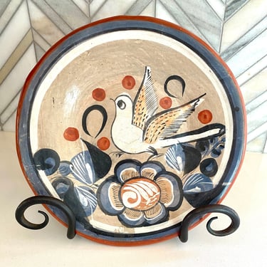 Vintage Mexican Tonala Pottery Plate, White Bird, Blue, Orange Flowers, Floral, Hanging Wall Plate, Made in Mexico, Retro Southwest Decor 