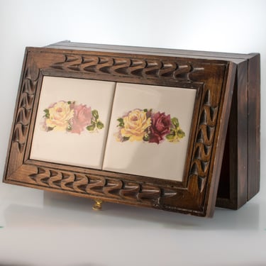 Hand Carved Wooden Box: Vintage Charm, Tile Inlay, Red Felt Lining, Unique Storage | 