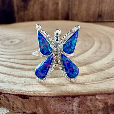 FLYING BUTTERFLY Opal and Silver Ring | Blue Iridescent Stone | Most Likely Navajo, Native American Southwestern Jewelry | Size 6 1/4 