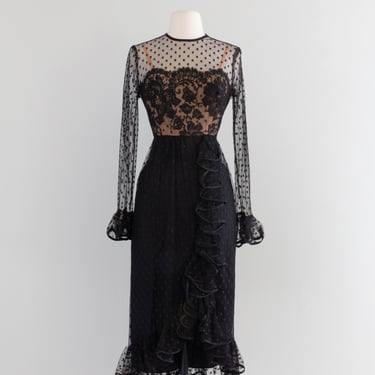 Seductive 1970's Dotted Net &amp; Illusion Lace Evening Dress / Small