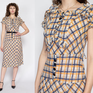 Small 1930s Plaid Ruffle Drop Waist Day Dress | Vintage 30s 40s Collared Midi Shirtdress 